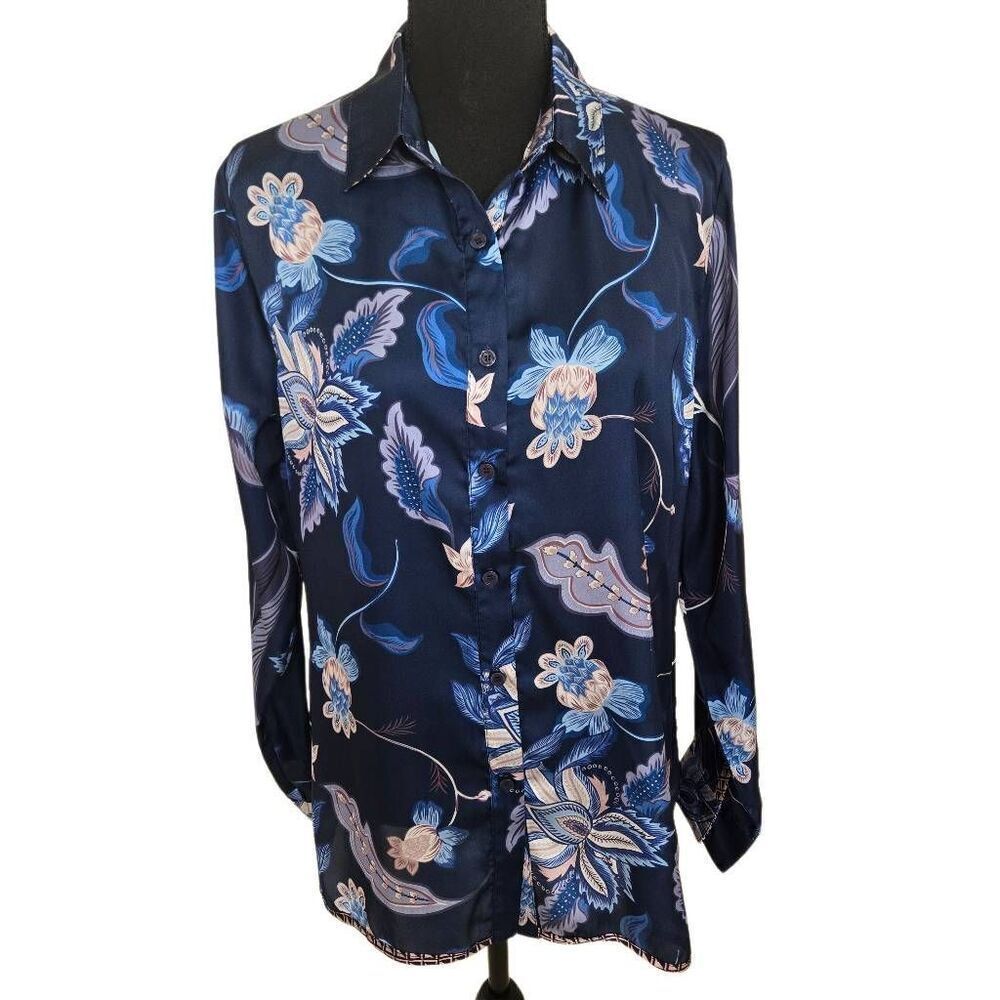 Jean Pierre Klifa Womens Navy Blue Floral Long Sleeve Blouse Large